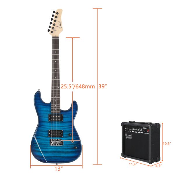 [Do Not Sell on Amazon] Glarry GST Stylish H-H Pickup Tiger Stripe Electric Guitar Kit with 20W AMP Bag Guitar Strap Blue