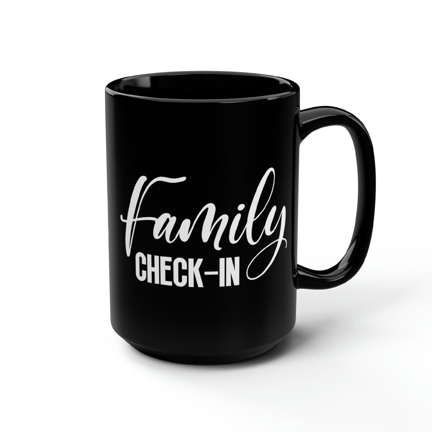 Black Ceramic Mugs - 15oz, Family Check-in Illustration