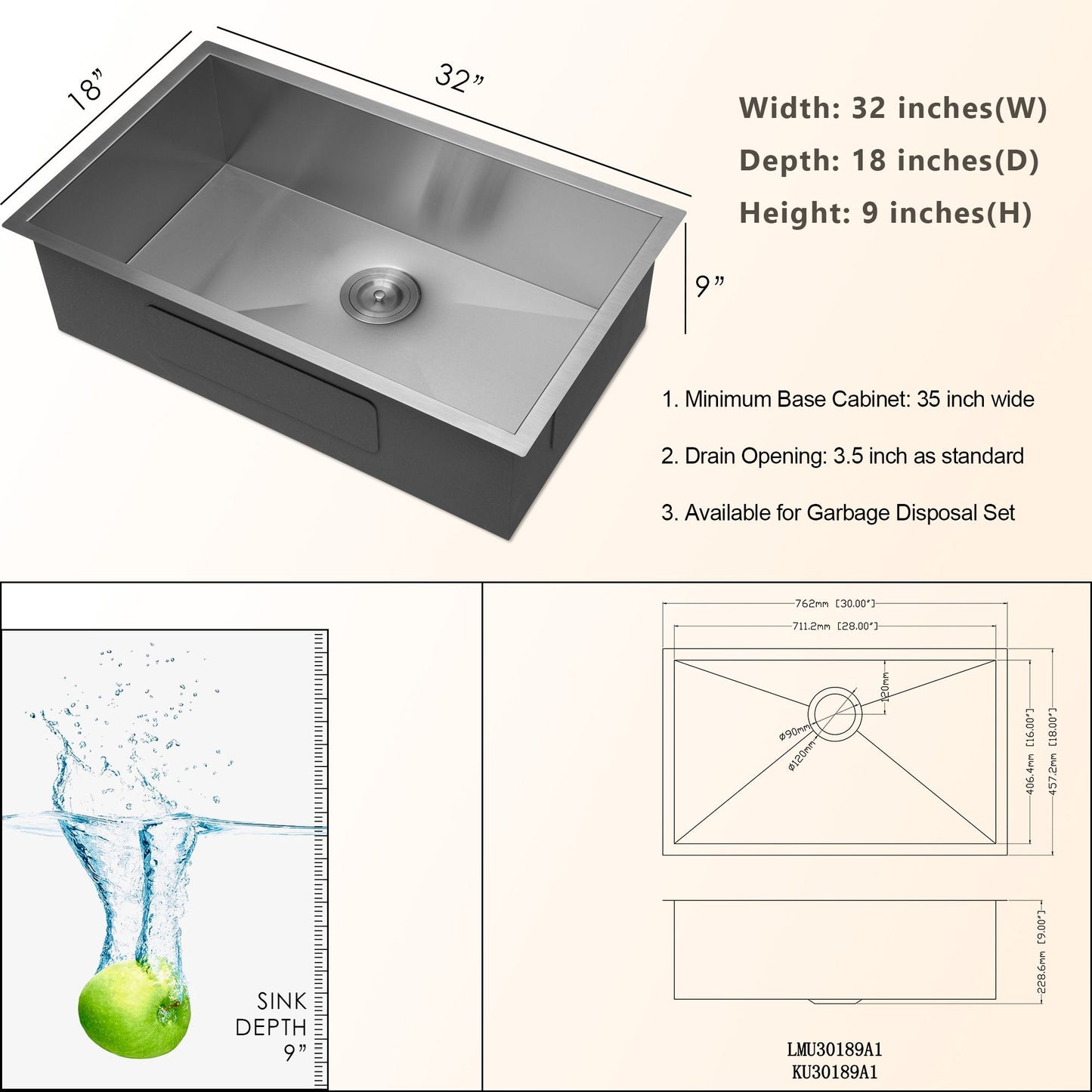 Undermount Sink Stainless Steel 18 Gauge Single Bowl Kitchen Sink Basin with Strainer