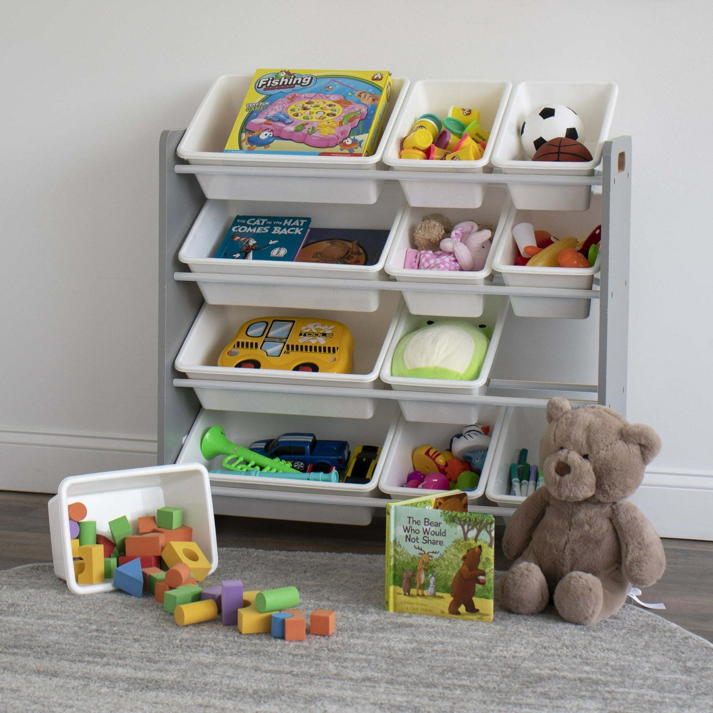 Children Wood and Plastic Organizing Rack with 12 Bins, Gray and White