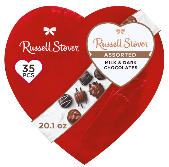 RUSSELL STOVER Valentine's Day Red Foil Heart Assorted Milk & Dark Chocolate Gift Box, 20.1 oz. (35 Pieces)