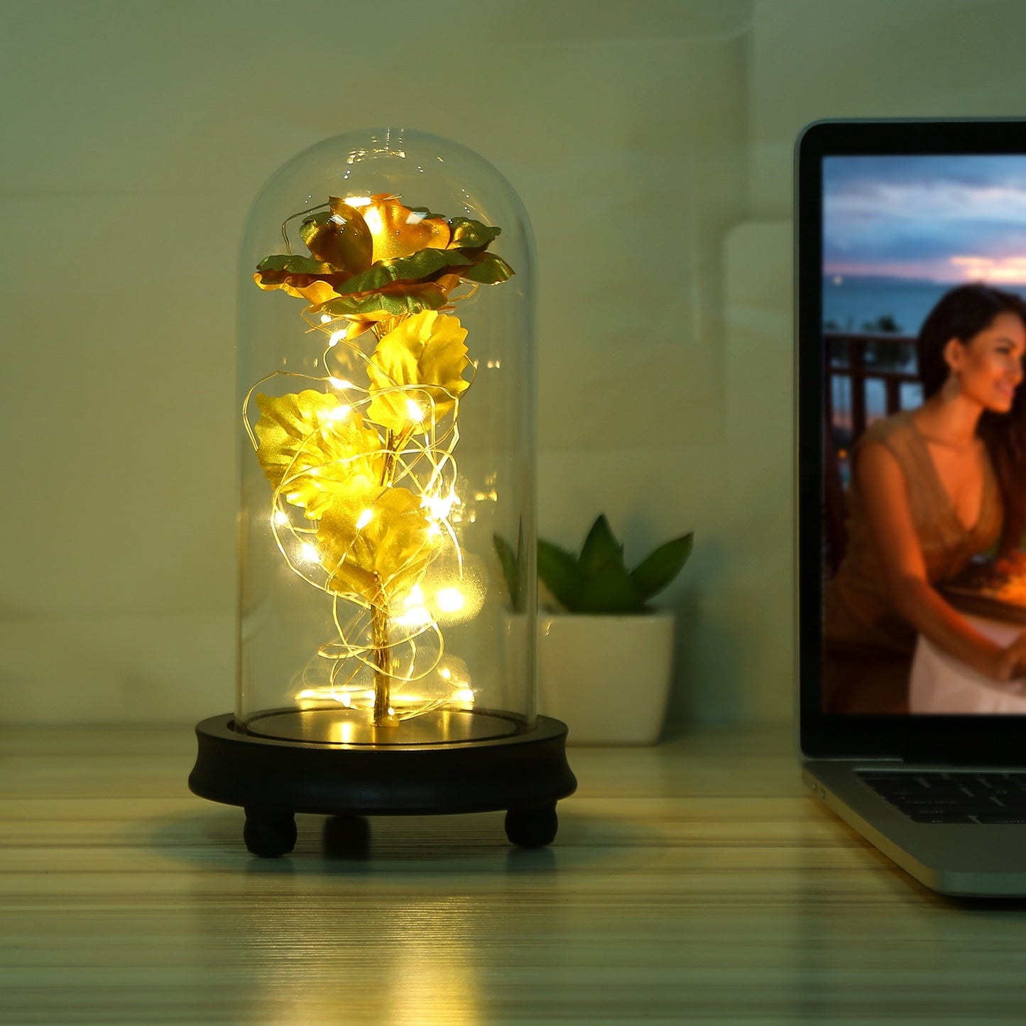 Foil Rose LED String Light Rose Fairy Lamp w/ Glass Dome For Valentines' Day