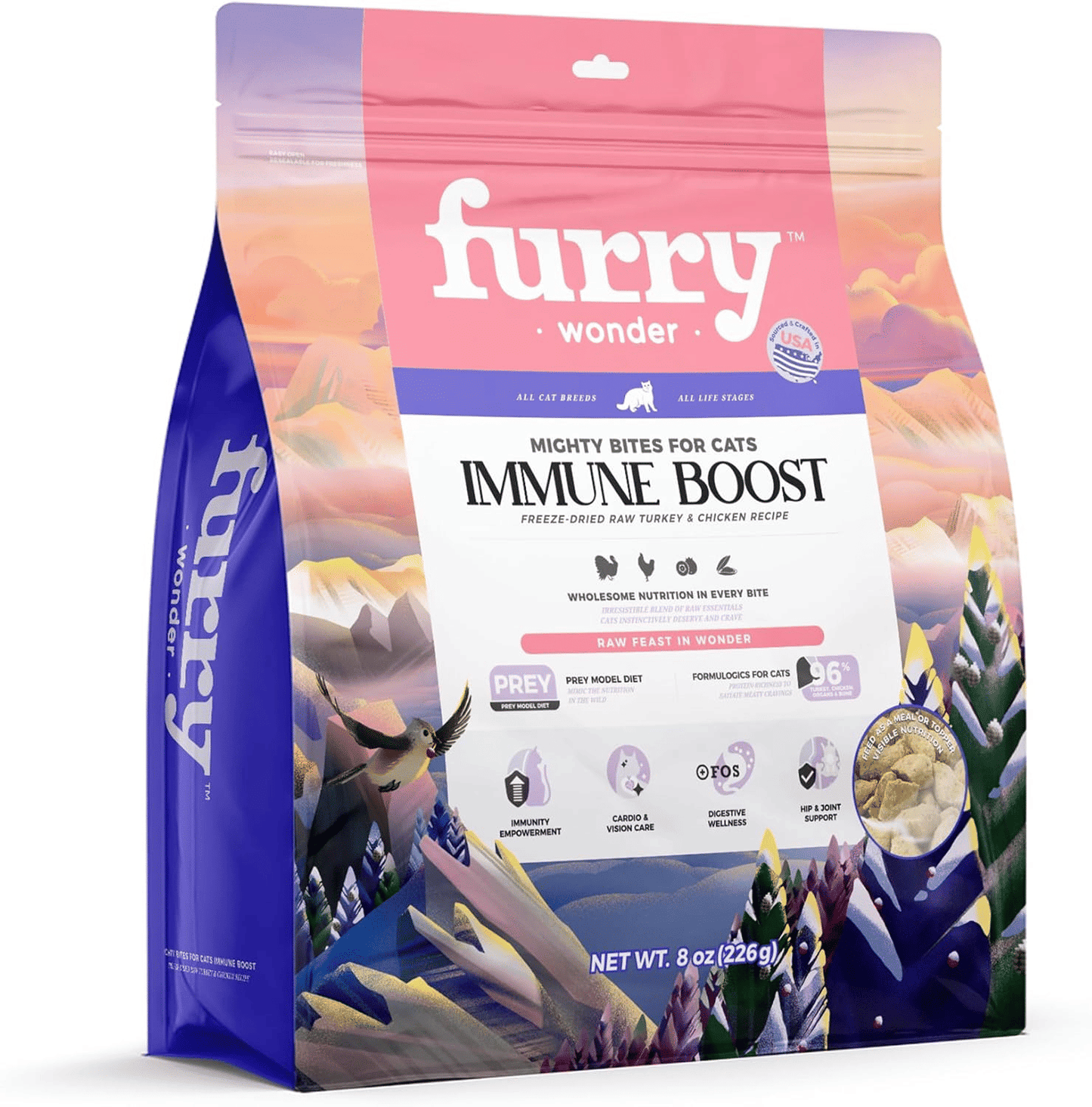 Freeze Dried Raw Cat Food Grain Free Mighty Bites for Cats 16oz High Protein Cat Food for All Breeds and Life Stages, Chicken & Pigeon