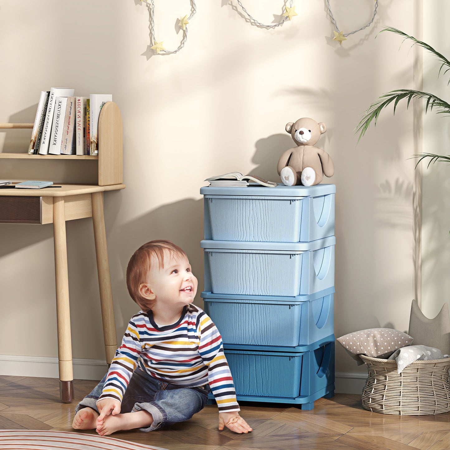 Qaba 4 Tier Kids Storage Unit, 4 Drawer Chest Toy Organizer Plastic Bins for Kids Bedroom Nursery Kindergarten Living Room for Boys Girls Toddlers, Blue