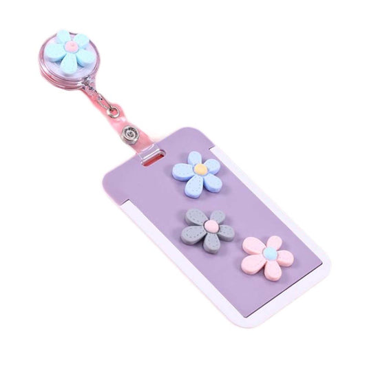 Purple Retractable Badge Clip Flowers ID Card Badge Holder Office Students Name Card Entrance Key Card Holder