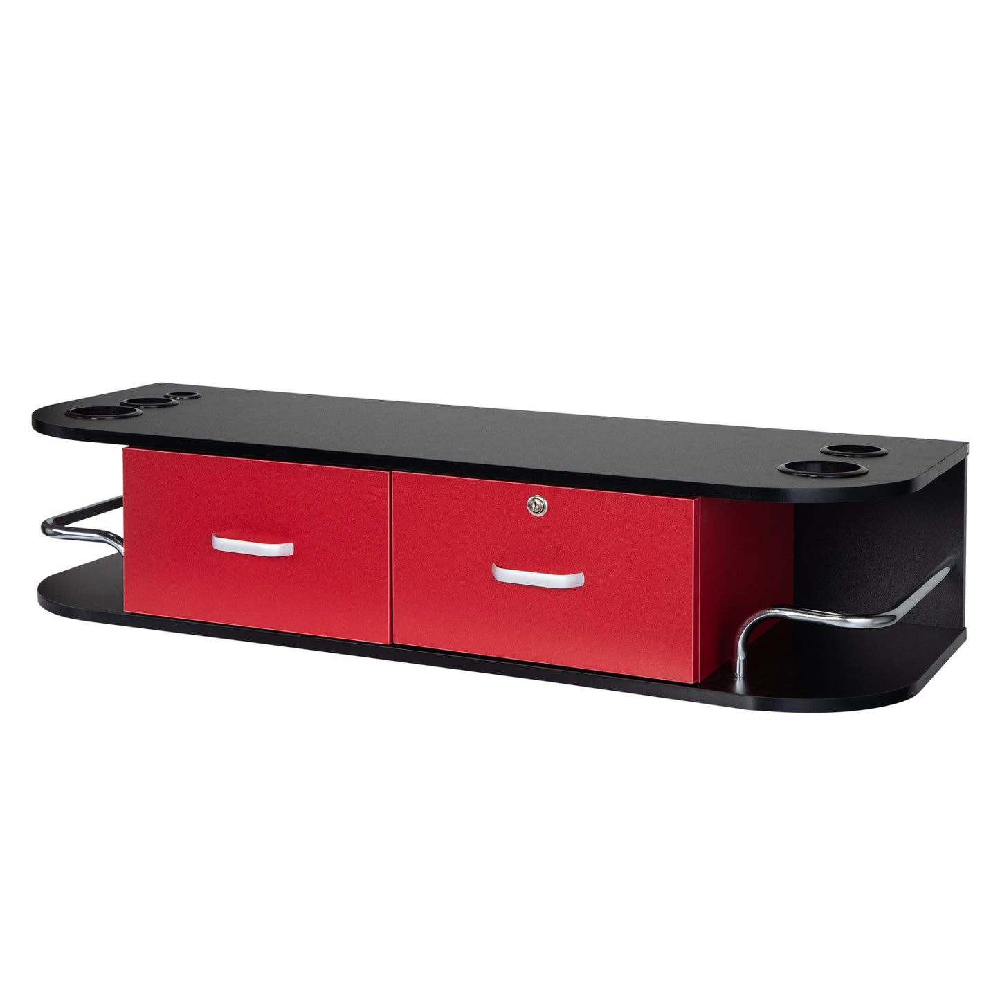 Classic Wall Mounted Beauty Salon, Barber Styling Station, Salon Equipment with Locking 2 Drawers, Black+Red