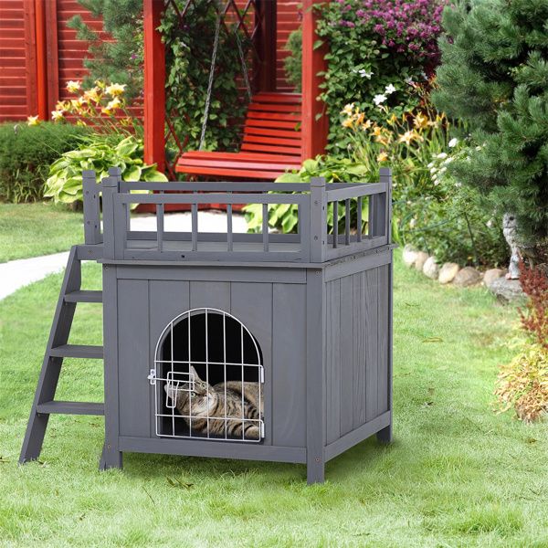 Grey 2-Level Wooden Cat House with Lockable Wire Door