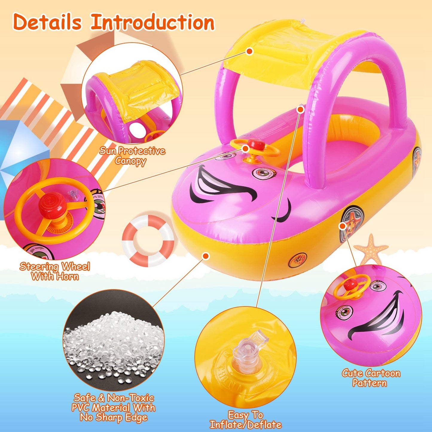 Baby Inflatable Pool Float Car Shaped Toddler Swimming Float Boat Pool Toy Infant Swim Ring Pool with Sun Protection Canopy for 1-3 Year-Old Kids Infant Toddlers