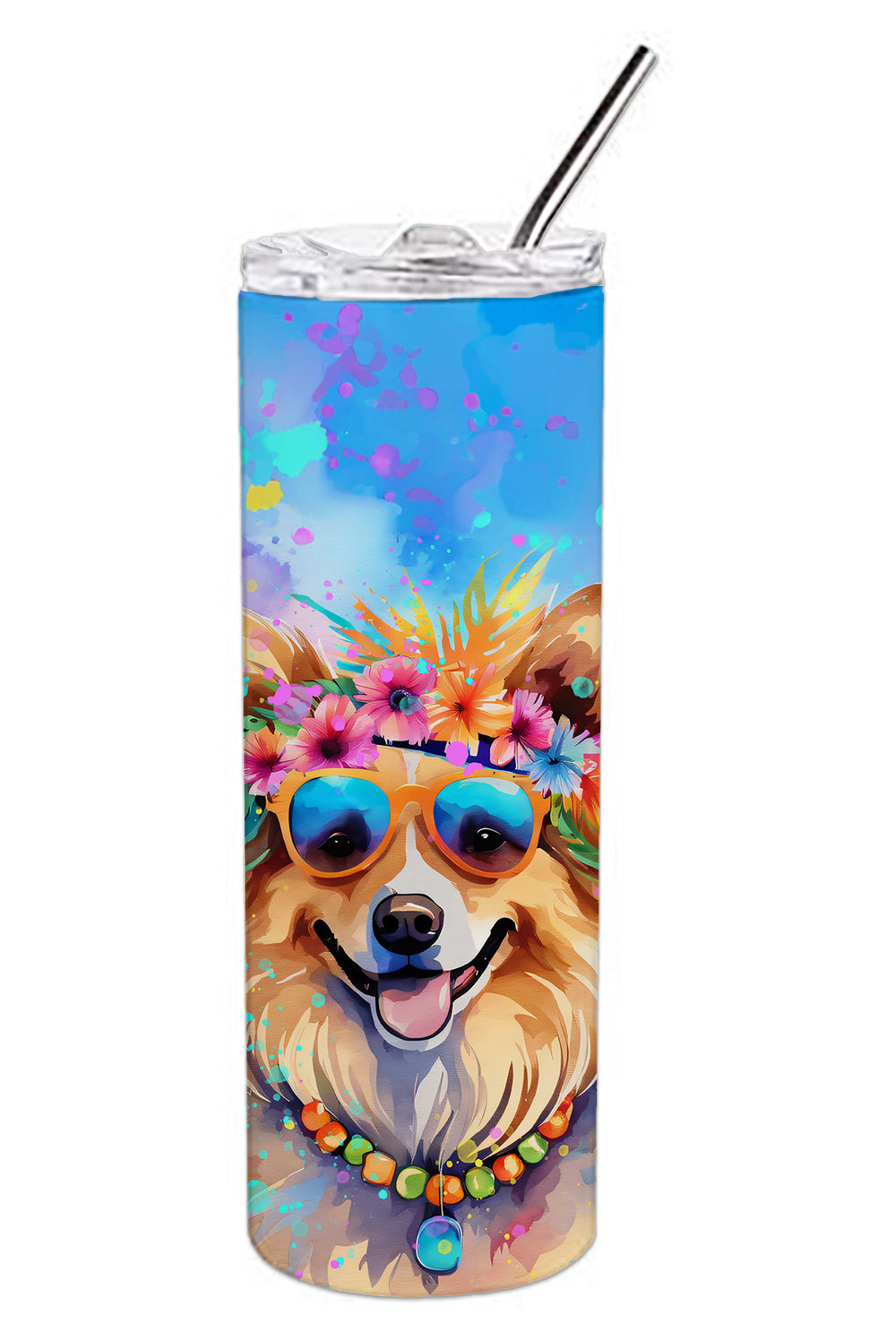 Pomeranian Hippie Dawg Stainless Steel Skinny Tumbler Vacuum Double Walled Reusable Insulated Tumbler Travel Cup for Coffee Cocktails Gift with Lid, 20 oz