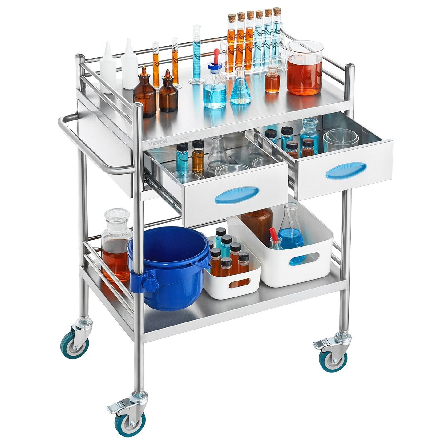 VEVOR Lab Serving Cart, 2 Layers Stainless Steel Utility Rolling Cart, Medical Cart with Two Drawers, Dental Utility Cart with Lockable Wheels and A Bucket, for Laboratory, Hospital, Dental Use