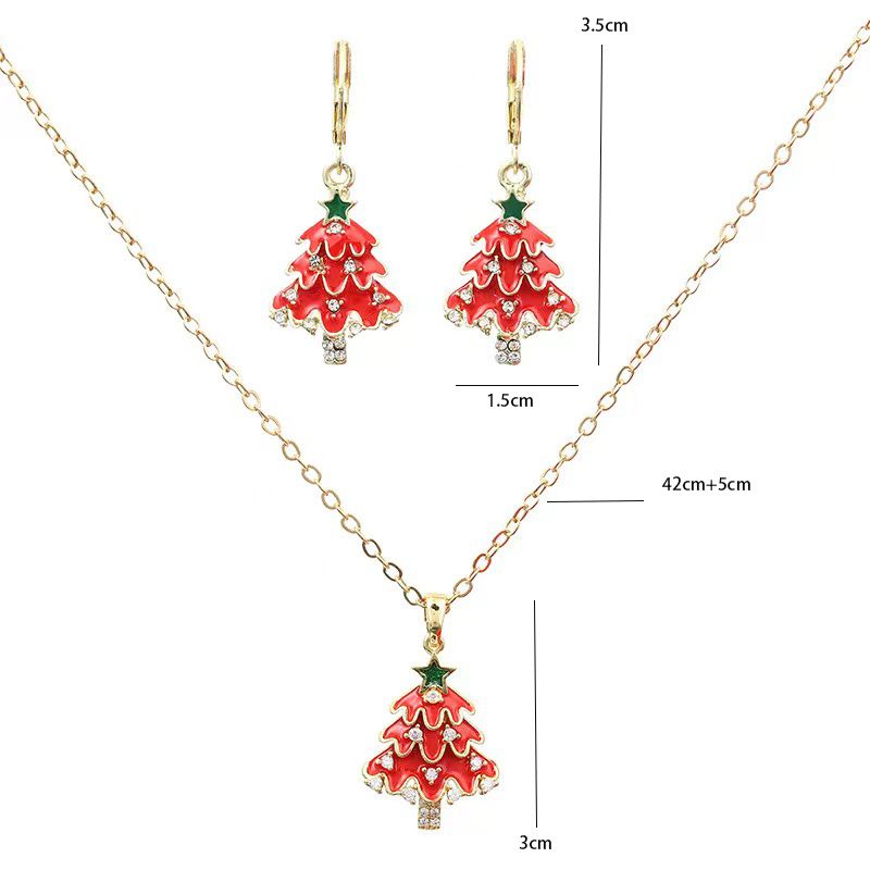 Christmas Tree Enamel and Rhinestone  Jewelry Set - Festive Necklace and Earrings