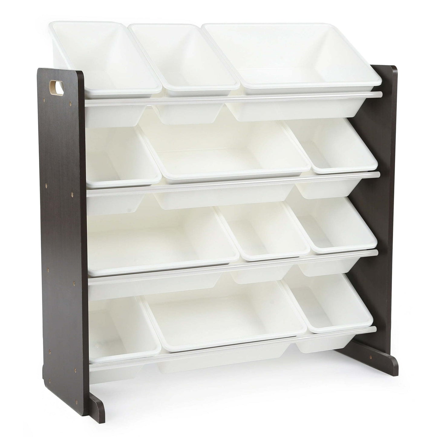 Children Wood and Plastic Organizing Rack with 12 Bins, Gray and White