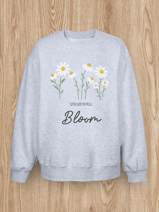 Women Basic Casual Pullover Spring Autumn Long Sleeve Daisy Letters Printed Round Neck