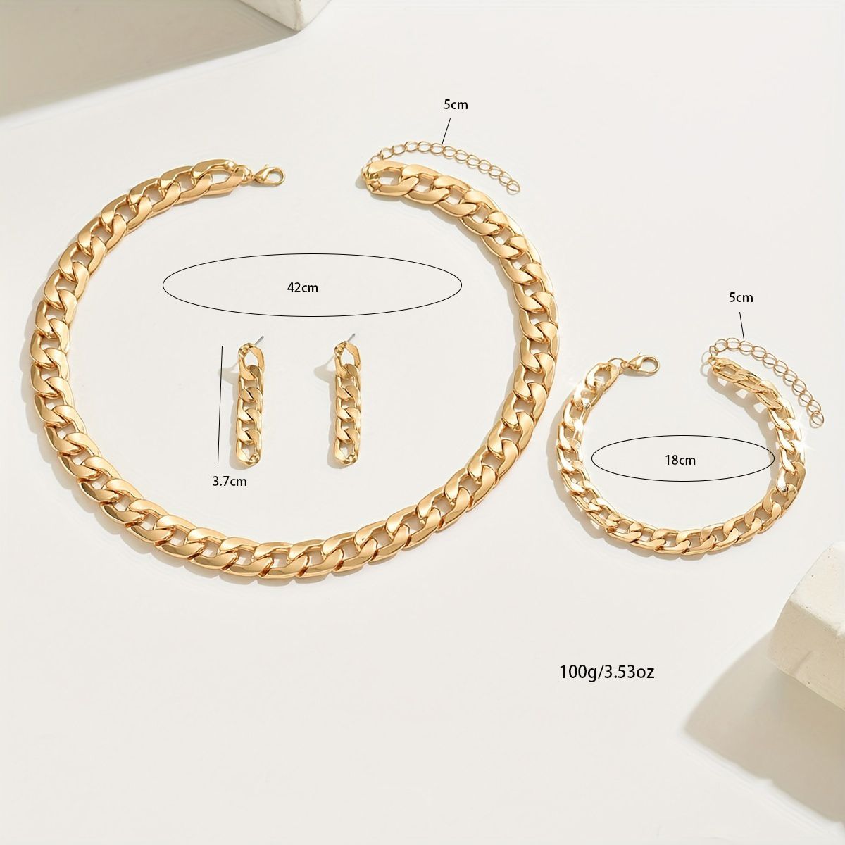 Stylish Gold Chain Link Necklace,  Bracelet, and Earring Set