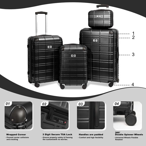 Luggage Sets ABS+PC Hardshell 4pcs Luggage Hardside Lightweight Durable Suitcase sets Spinner Wheels Suitcase with TSA Lock (12/20/24/28),black