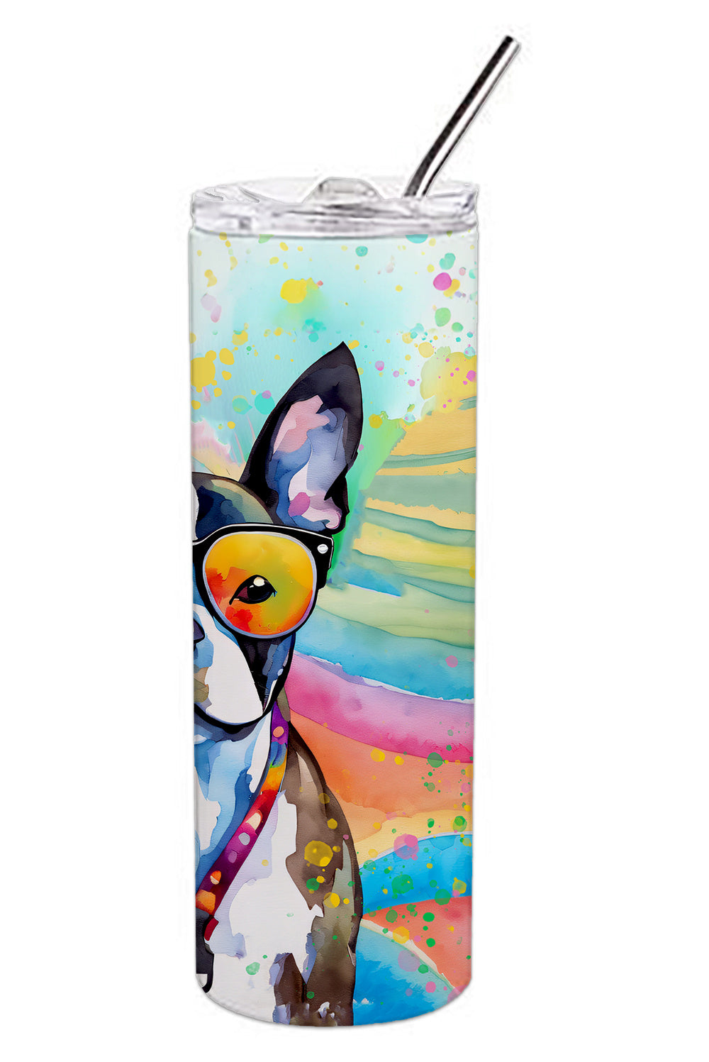 Boston Terrier Hippie Dawg Stainless Steel Skinny Tumbler Vacuum Double Walled Reusable Insulated Tumbler Travel Cup for Coffee Cocktails Gift with Lid, 20 oz