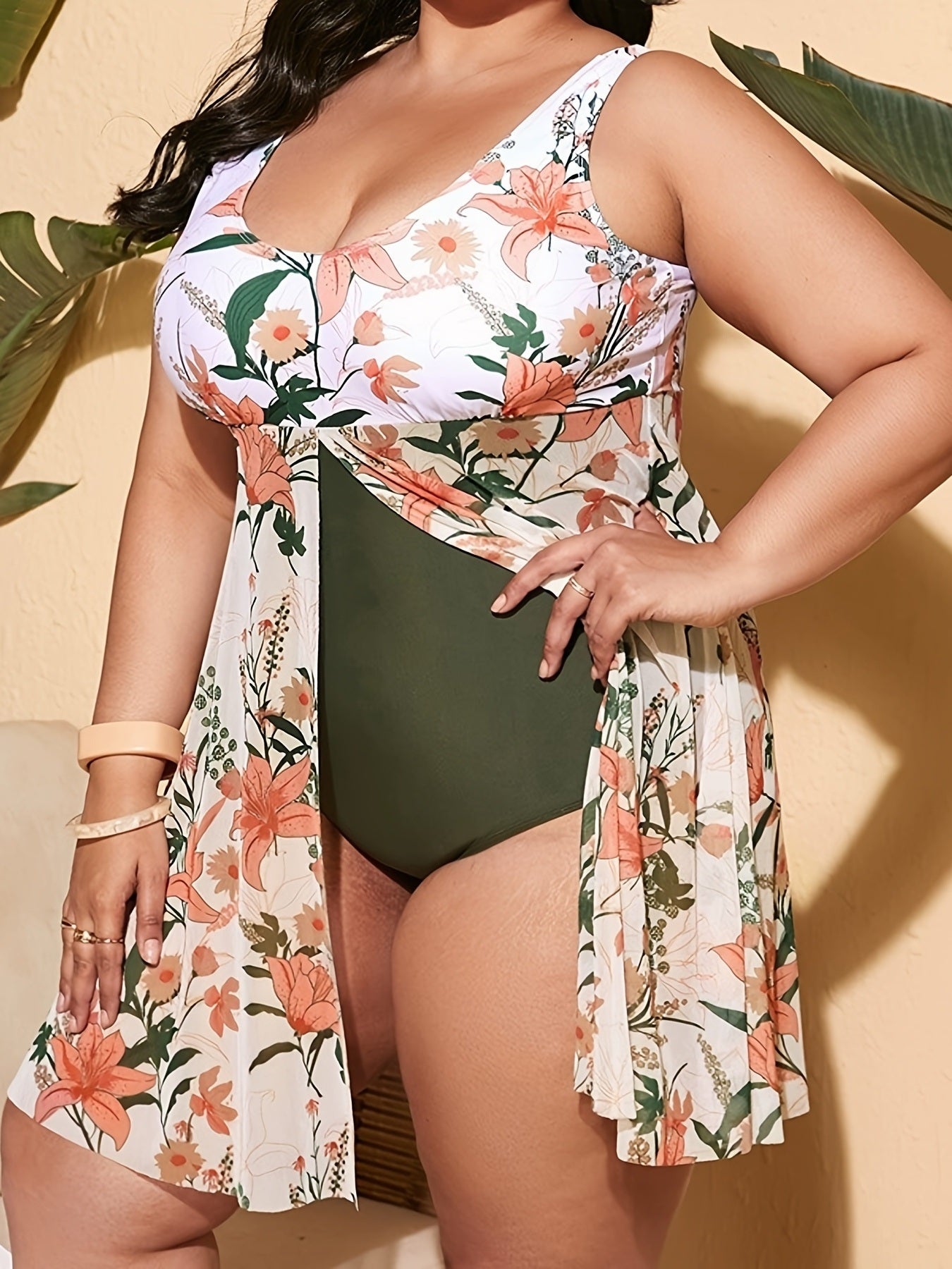 Plus Size Colorblock Floral Trim Contrast Mesh One Piece Swimsuit; Women's Plus High Stretch Modest Swimsuit