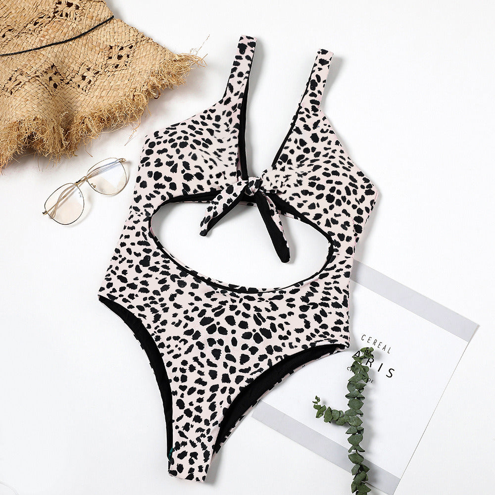 Europe and the United States new swimwear ladies one-piece leopard print chest knotted swimsuit