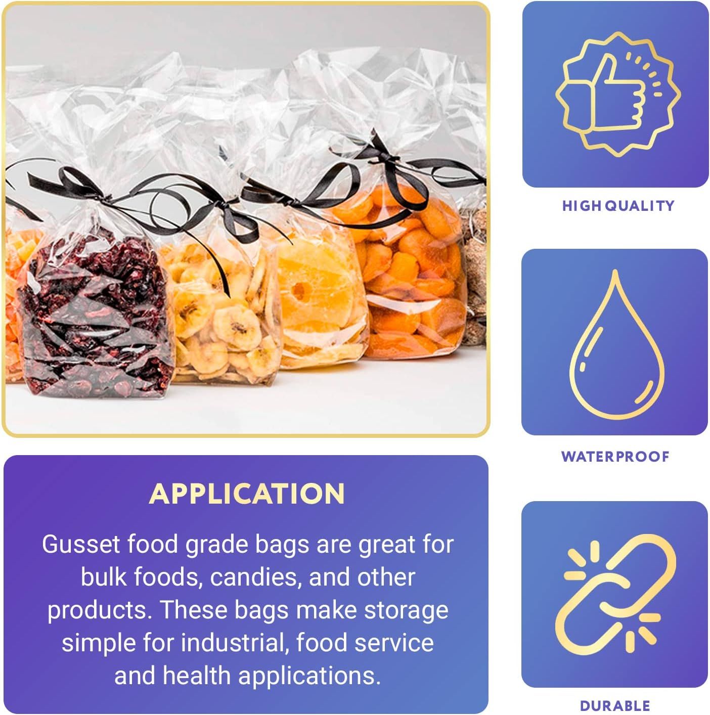 Pack of 1000 Gusseted Poly Bags 4 x 2 x 10. Clear Polyethylene Bags 4x2x10. USDA approved 2 Mil. Expandable Side Gusset Bags. Open Ended bags for Industrial; Food Service; Health Needs.