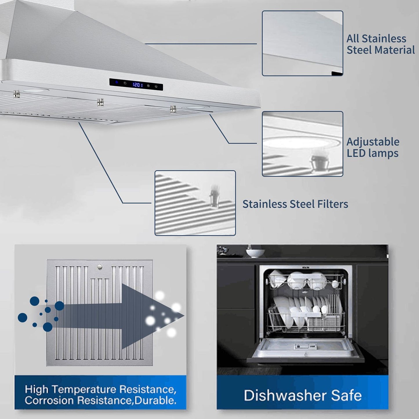 30/36 inch Range Hood 700CFM Wall Mount Stainless Steel Touch Control 3-speed Stove Vent