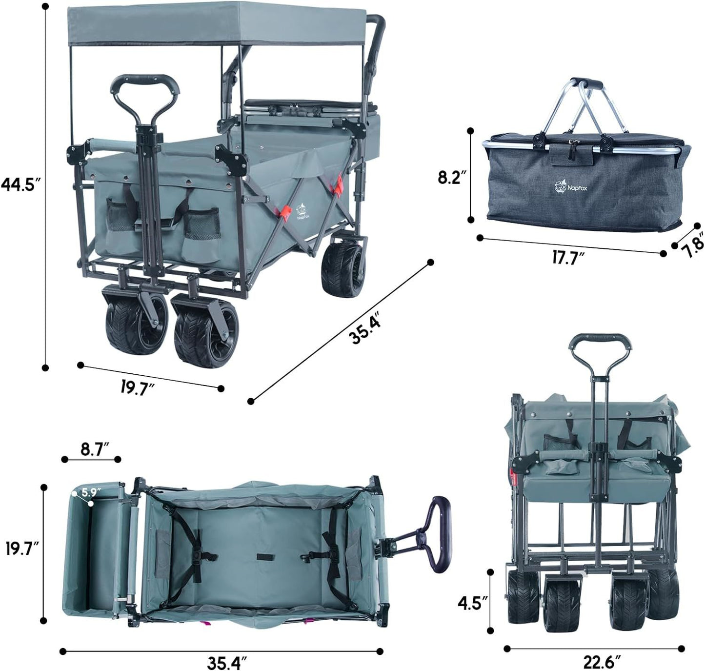 Collapsible Wagon Heavy Duty Folding Wagon Cart with Removable Canopy, 4" Wide Large All Terrain Wheels, Brake, Adjustable Handles,Cooler Bag Utility Carts for Outdoor Garden Beach