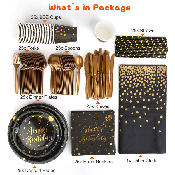 201PCS Black Gold Birthday Party Supplies For 25 Guests Happy Birthday Disposable Dinnerware Set Paper Plates 9OZ Cups Straws Napkins Forks Knives Spoons Tablecloth