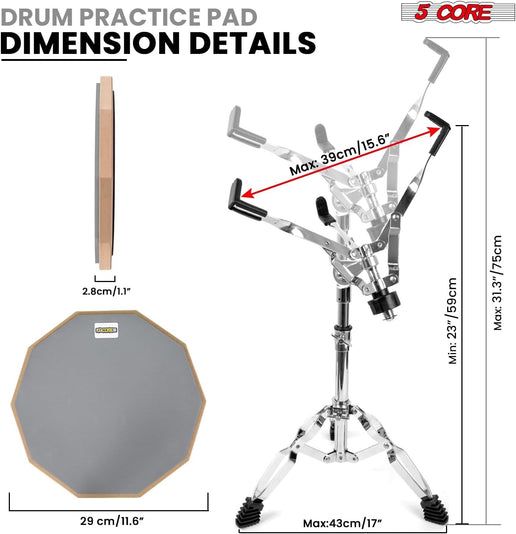 5Core Drum Throne Adjustable Guitar Stool Padded Seat + Drum Practice Pad Snare Drumming Stand - DS CH BLK + DPAD COMBO GREY