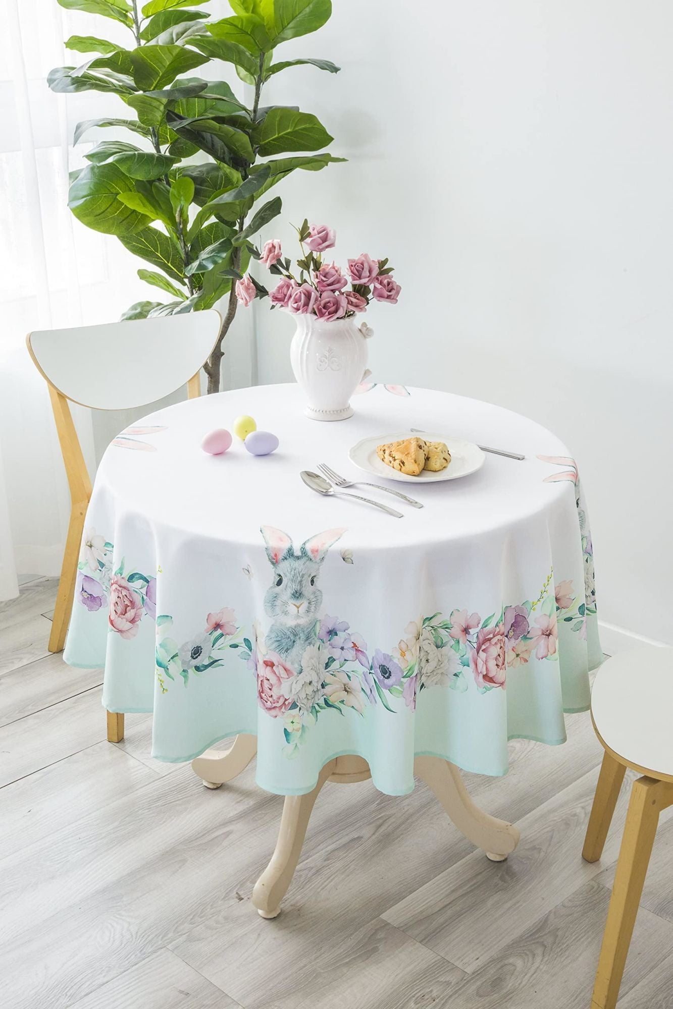 Watercolor Easter Bunny Round Tablecloth Non Iron Stain Resistant Table Cover Diameter 60 inch