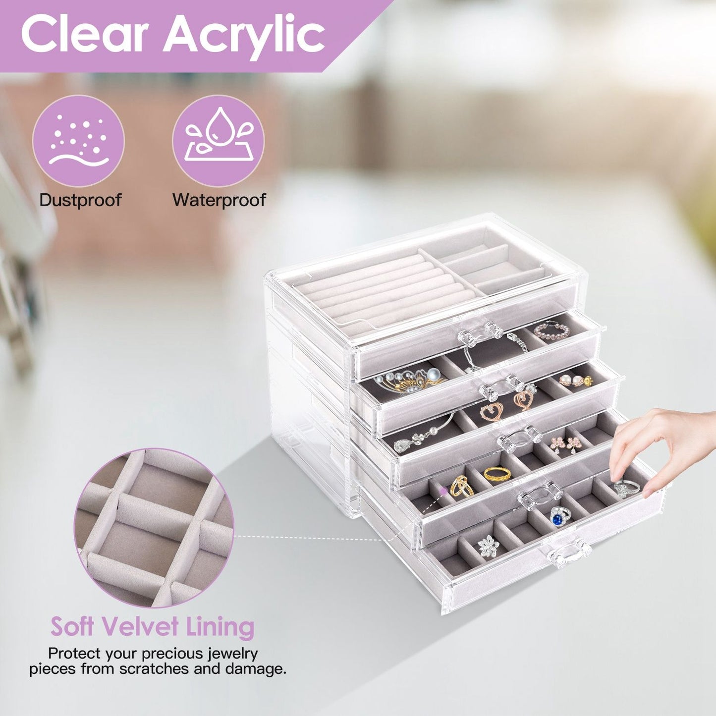 Clear Acrylic Jewelry Box Organizer with 5 Drawers Stackable Jewelry Holder Velvet Storage Case for Earrings Rings Bracelets Necklaces Ideal Gift for Women Teen Girls