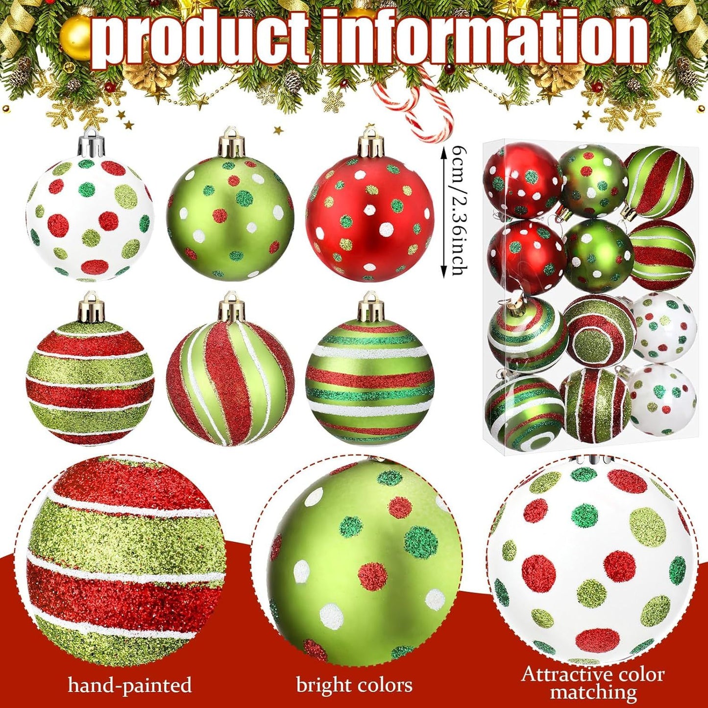 12Pcs Christmas Ball Ornaments with Ropes Glittering Swirl Polka Dot Design Plastic Hanging Decorations Red and Green Christmas Tree Shatterproof Pendants for Holiday New Year Xmas Party Decor