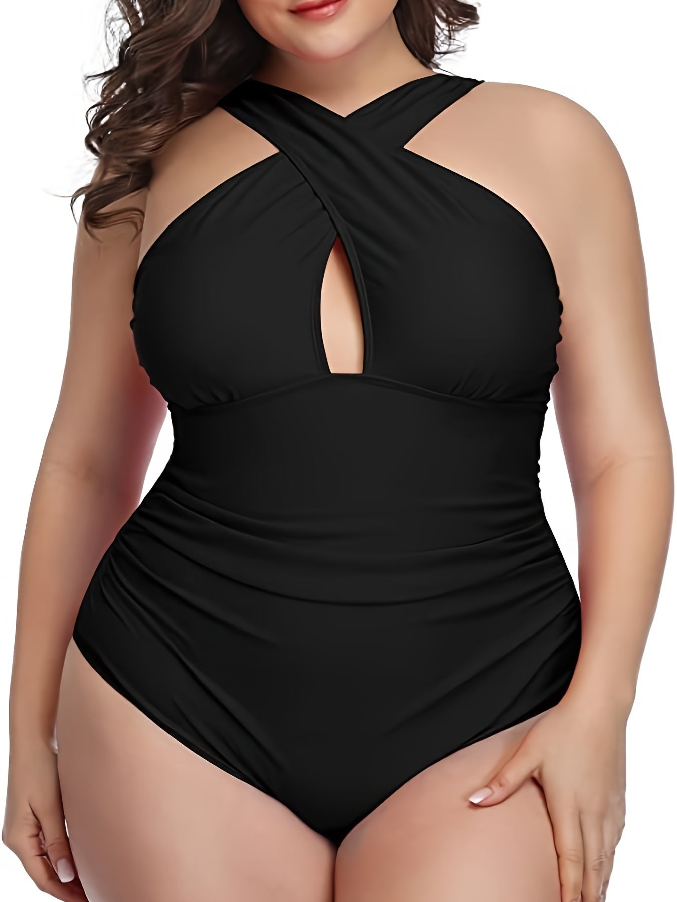 Plus Size Criss Cross Neck Cut Out One Piece Swimsuit; Women's Plus High Stretch Modest One Piece Bathing Suit