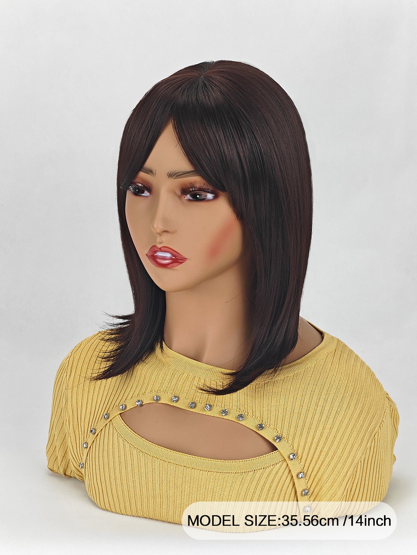 Medium-length straight hair fully machined bangs wig 14 inches natural black heat-resistant fiber high temperature silk wig dyeable and permable bangs synthetic wig