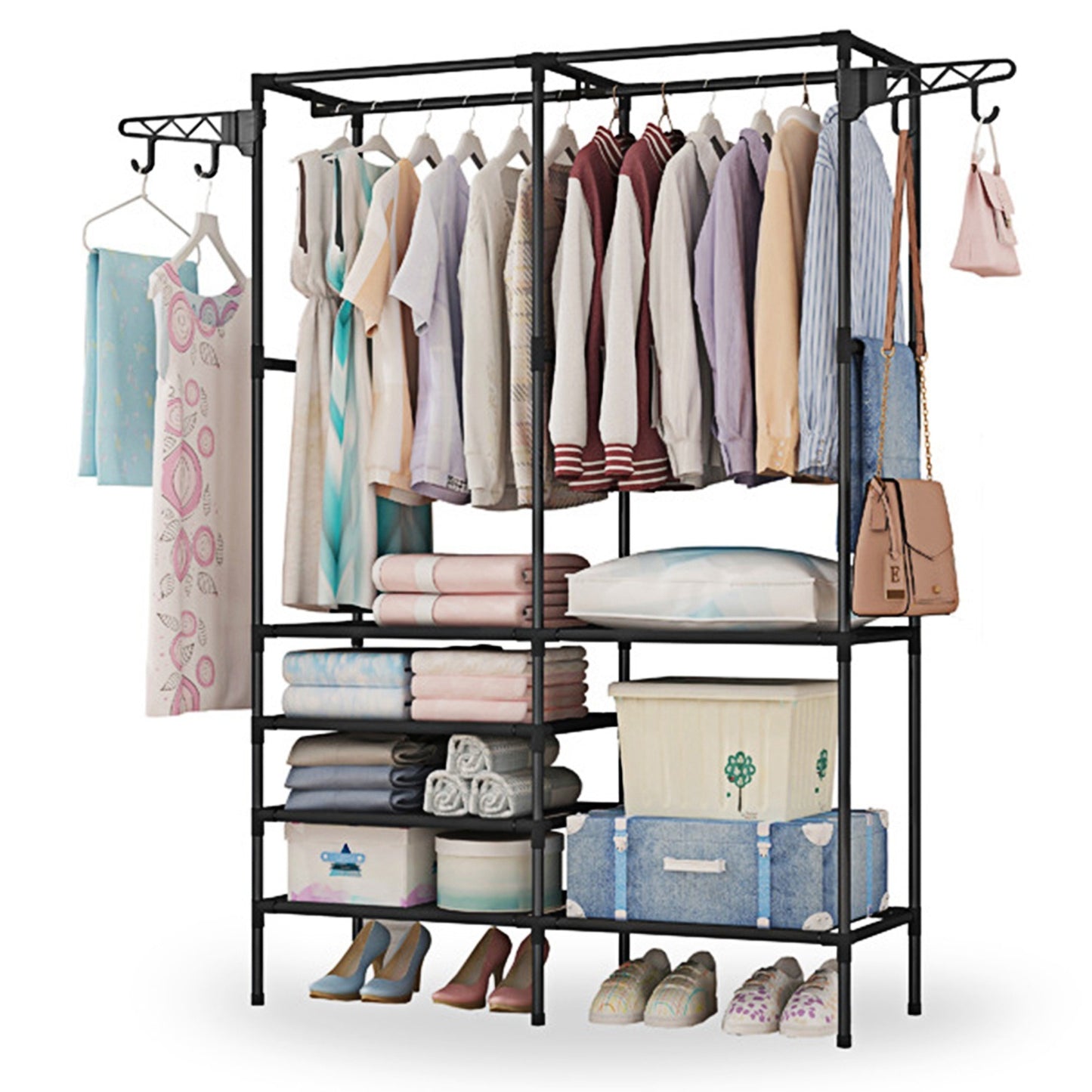 Metal Garment Rack Shoe Clothing Organizer Shelves Freestanding Multifunctional Clothes Wardrobe