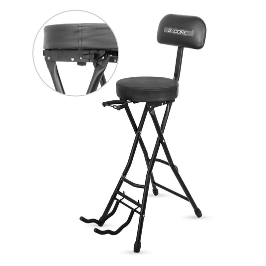 5 CORE Guitar Stool Seat With Backrest Thick Cushioned Portable Durable Guitars Chair with Padded Holder Stand for Musicians - GSTOOL RND BLK REST