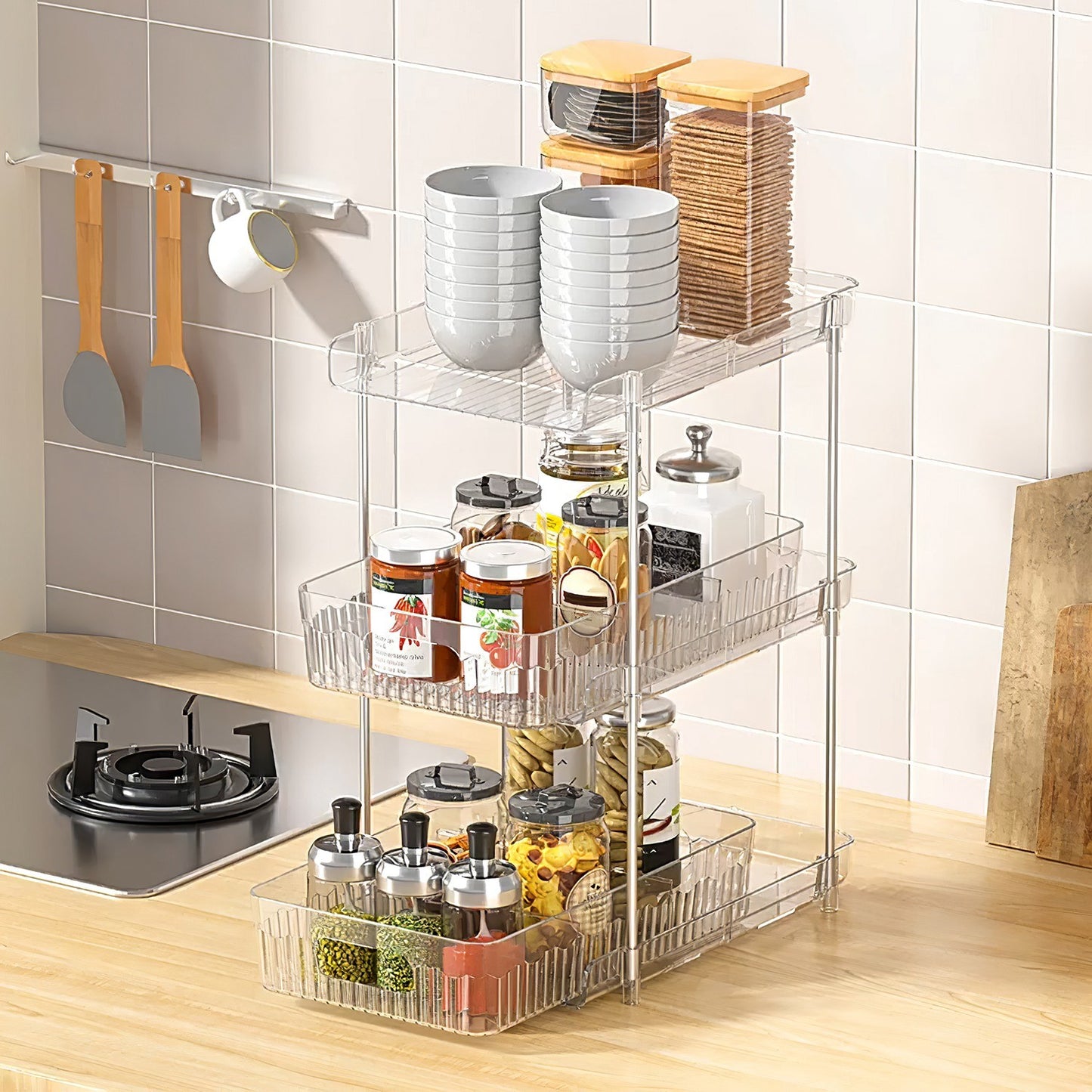 2 Packs 3 Tier Clear Bathroom Organizer with Drawers Dividers Pull-Out Pantry Organization Medicine Bins Slide-Out Storage Container