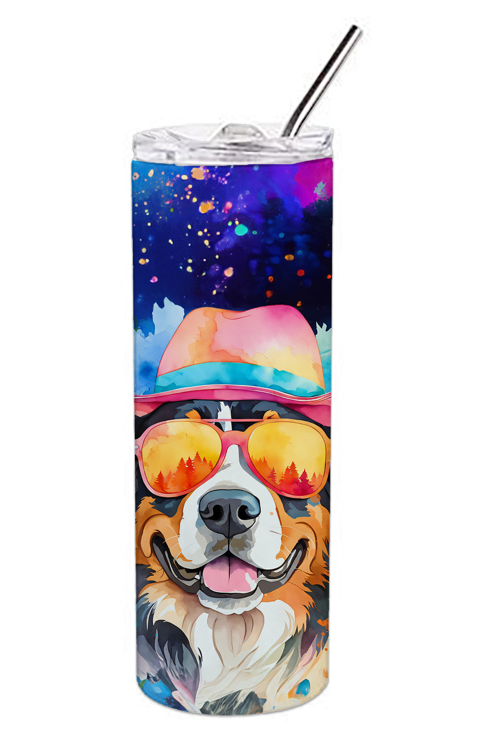 Bernese Mountain Dog Hippie Dawg Stainless Steel Skinny Tumbler Vacuum Double Walled Reusable Insulated Tumbler Travel Cup for Coffee Cocktails Gift with Lid, 20 oz