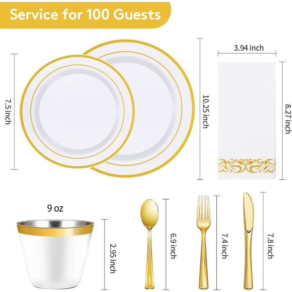 700 Piece Gold Dinnerware Set for 100 Guests, 100 Gold Rim Dinner Plates,Dessert Plates, Paper Napkins, Cups