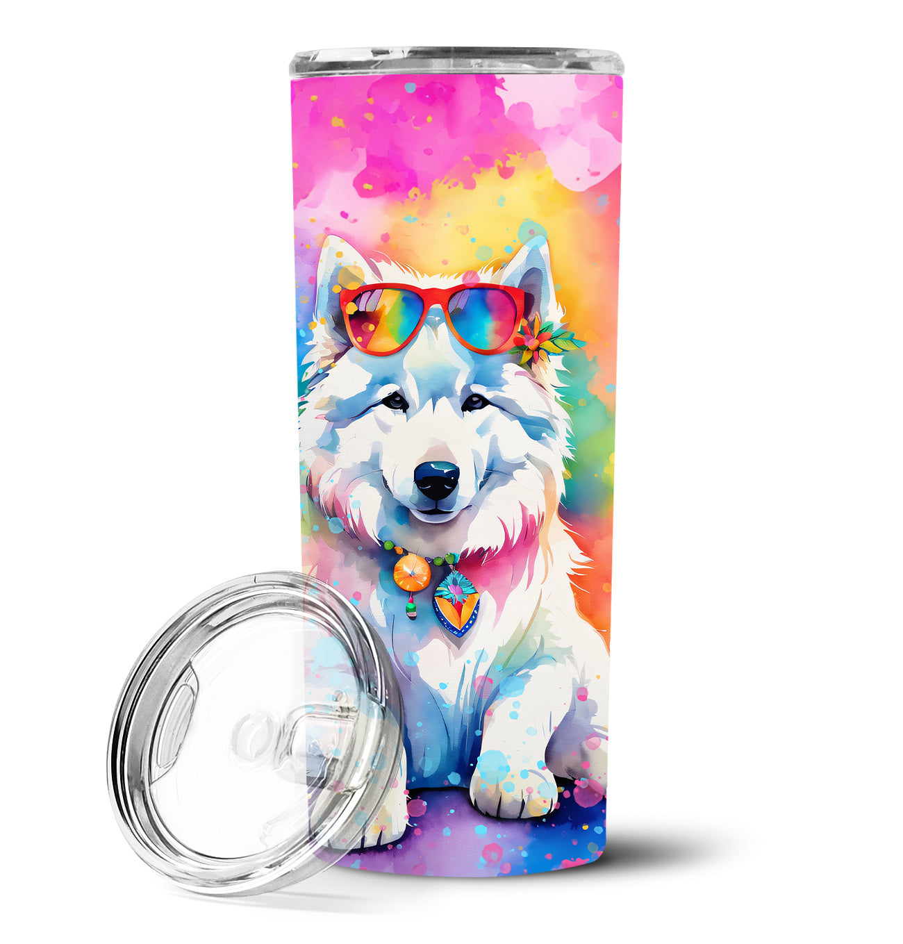 Samoyed Hippie Dawg Stainless Steel Skinny Tumbler Vacuum Double Walled Reusable Insulated Tumbler Travel Cup for Coffee Cocktails Gift with Lid, 20 oz