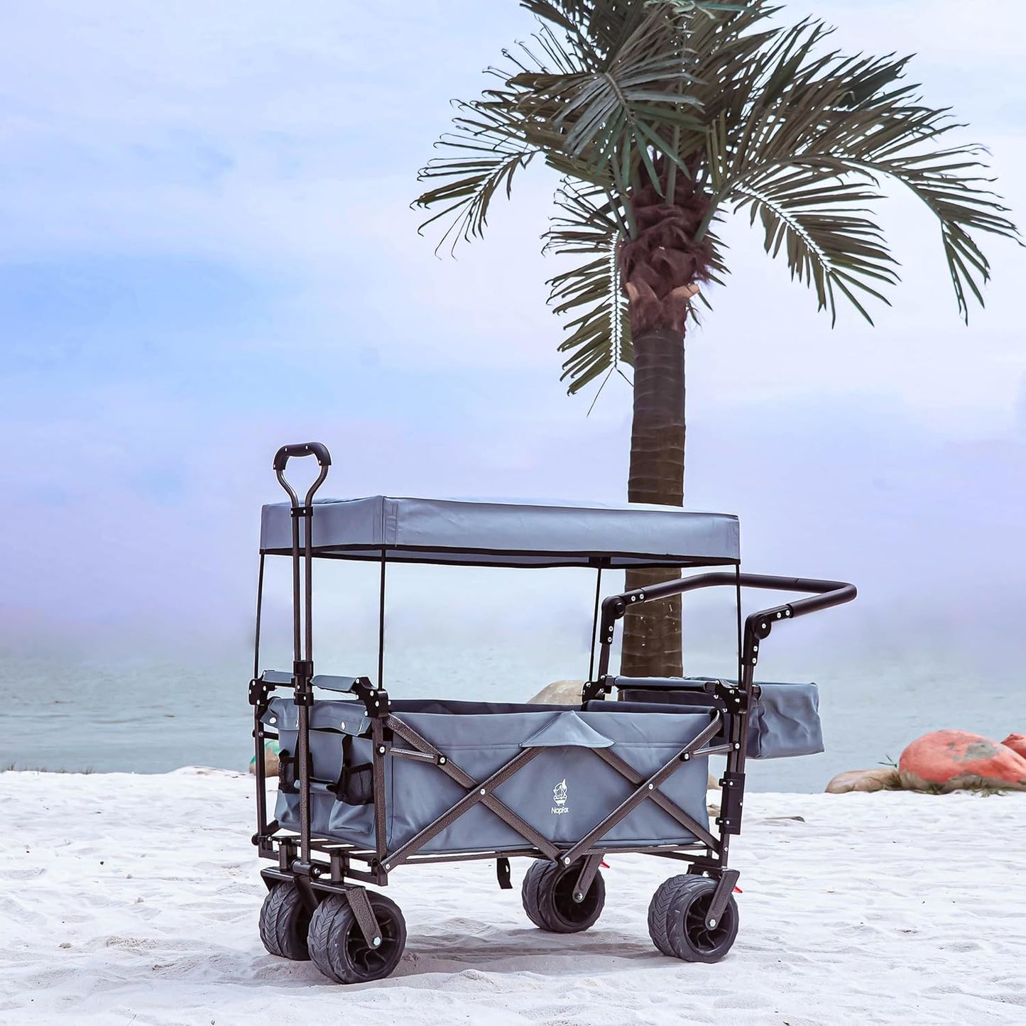 Collapsible Wagon Heavy Duty Folding Wagon Cart with Removable Canopy, 4" Wide Large All Terrain Wheels, Brake, Adjustable Handles,Cooler Bag Utility Carts for Outdoor Garden Beach