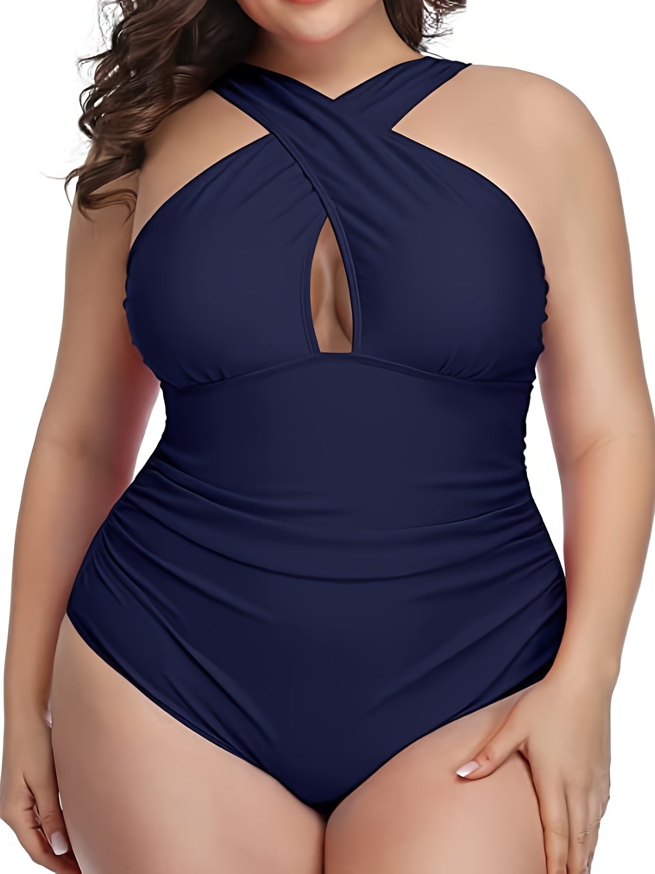 Plus Size Criss Cross Neck Cut Out One Piece Swimsuit; Women's Plus High Stretch Modest One Piece Bathing Suit