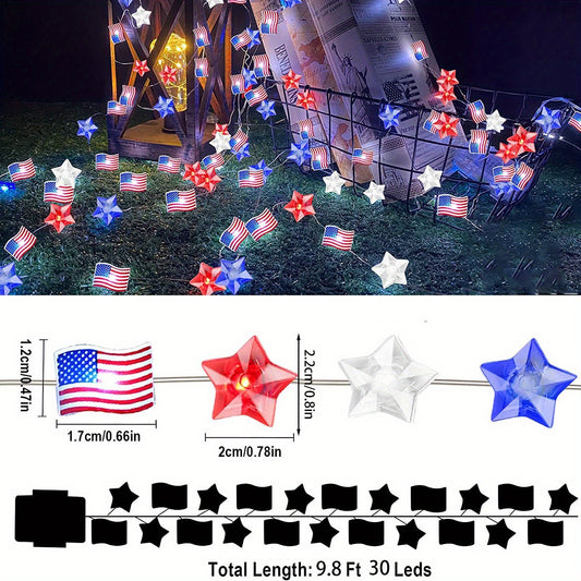 1pc, Flag String Lights, 4th Of July Memorial Day American Flag Stars Decoration String Lights, Battery Operated With Multi-Function Remote Lights, Home Room Scene Decor