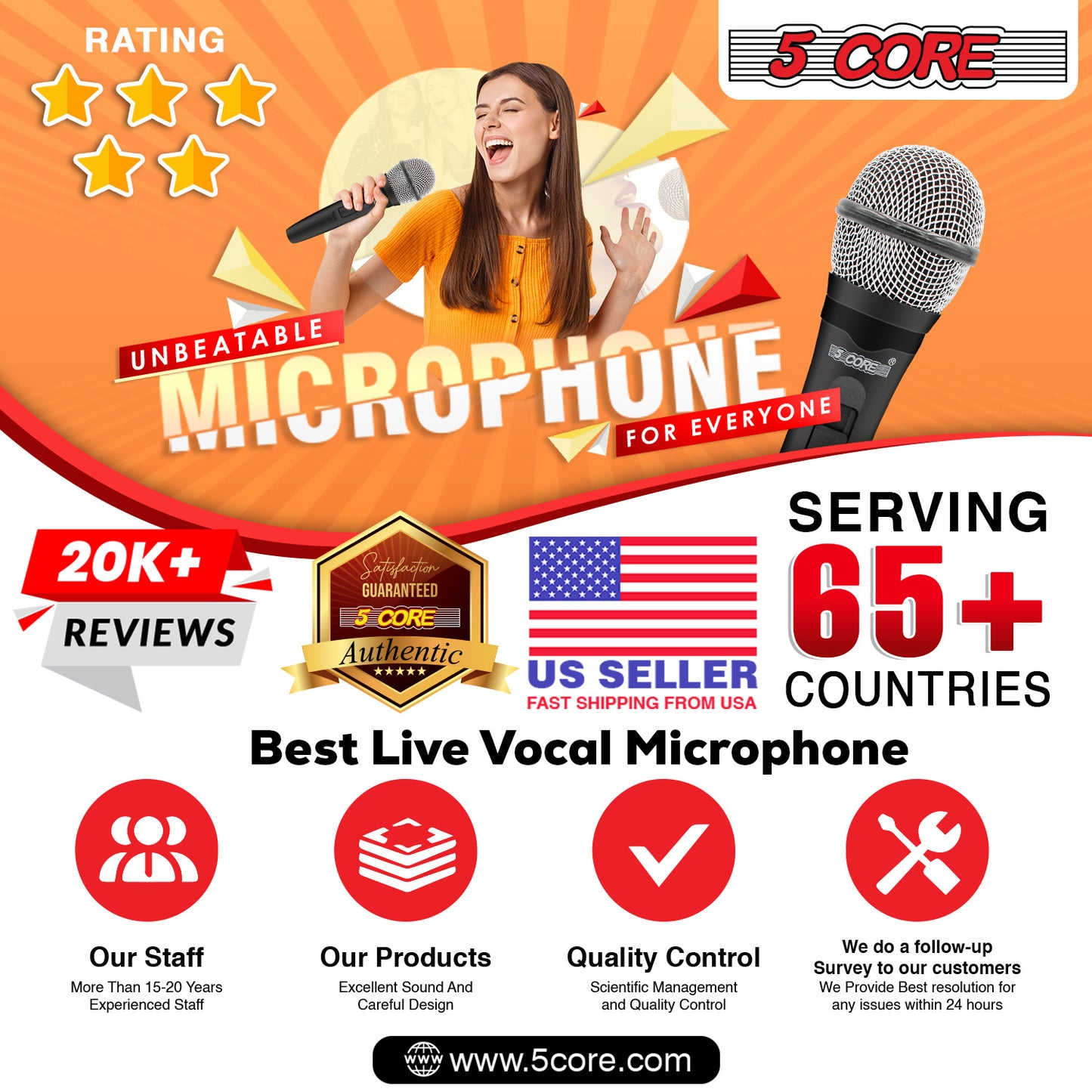 5 Core Microphone XLR Dynamic Mic Karaoke Singing Handheld Microfono Wired Professional Unidirectional 1/4 Plug In Cord Connection for Vocal DJ Music - PM 600