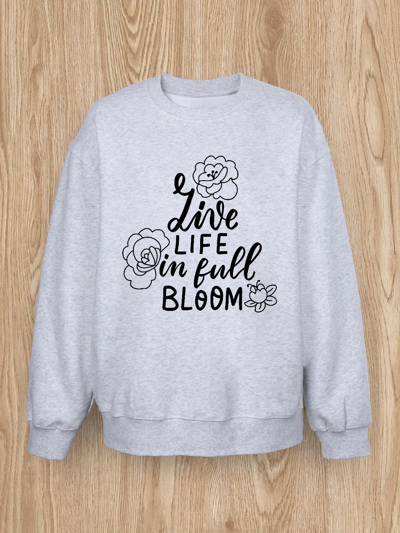 Women Basic Casual Pullover Spring Autumn Long Sleeve Alphabet Rose Printed Round Neck