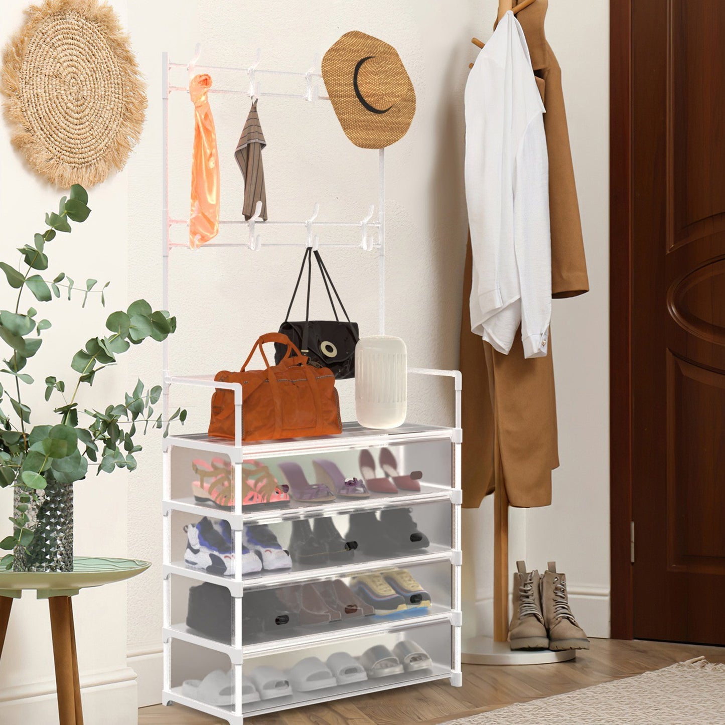 5-Tier Dustproof Entryway Hall Tree Coat Rack Shoe Rack With 8 Removable Hooks Freestanding Shoe Storage Shelf Hat Clothes Organizer For Front Door Bedroom Entryway