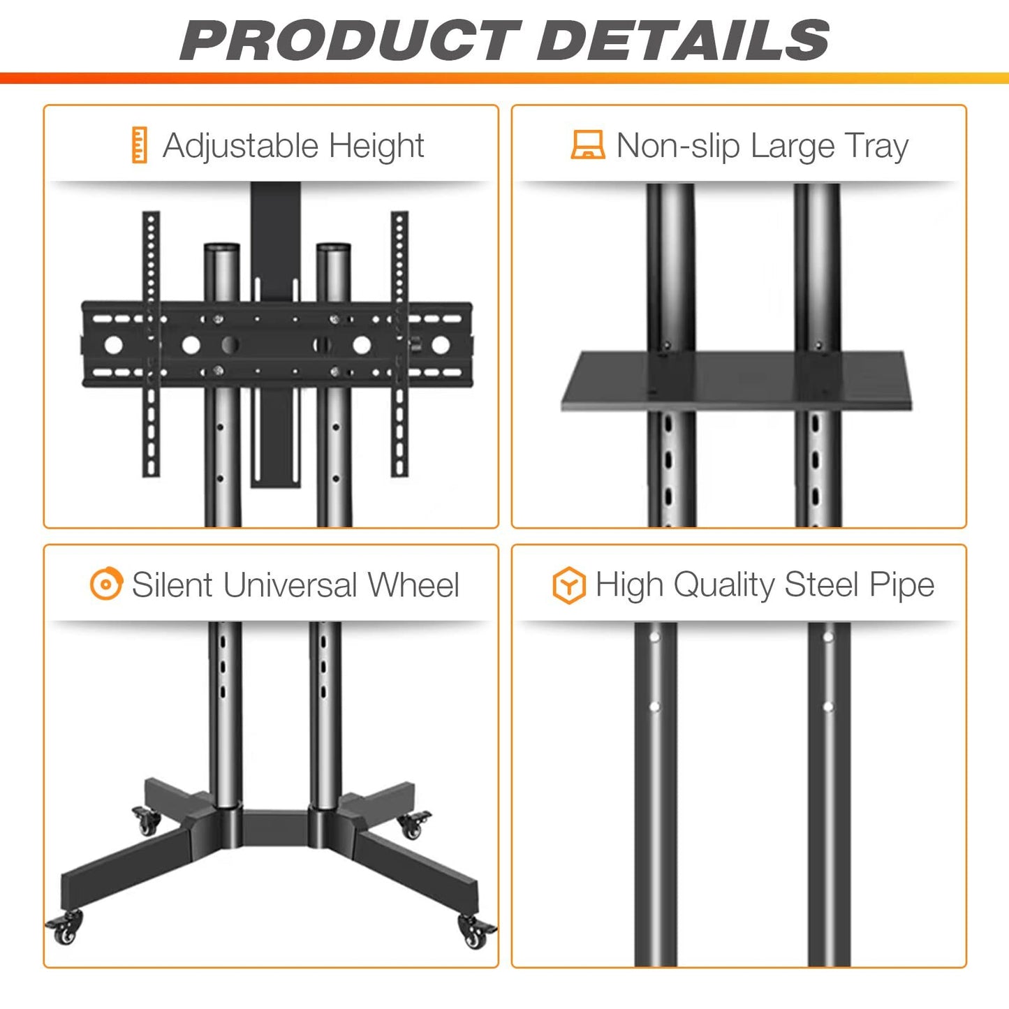 Mobile TV Stand on Wheels for 32-65 Inch LCD LED Flat Panel Curved Screen TV up to 132lbs, TV Cart with Height Adjustable Laptop Shelf Movable Portable Rolling Floor TV Stand Max VESA 600*400mm