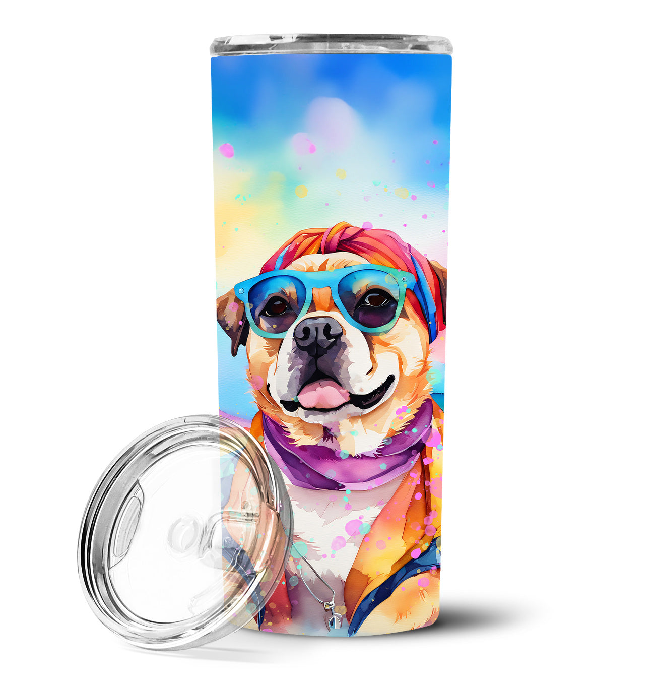 Pug Hippie Dawg Stainless Steel Skinny Tumbler Vacuum Double Walled Reusable Insulated Tumbler Travel Cup for Coffee Cocktails Gift with Lid, 20 oz