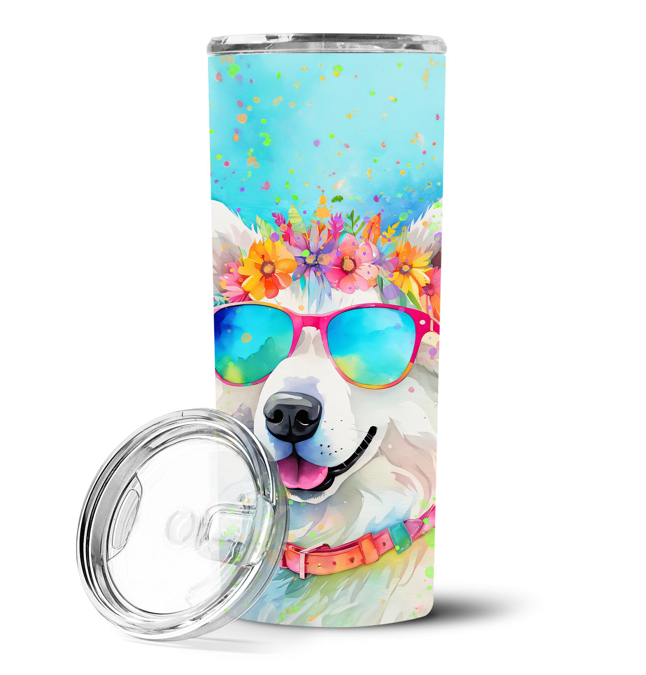 Samoyed Hippie Dawg Stainless Steel Skinny Tumbler Vacuum Double Walled Reusable Insulated Tumbler Travel Cup for Coffee Cocktails Gift with Lid, 20 oz