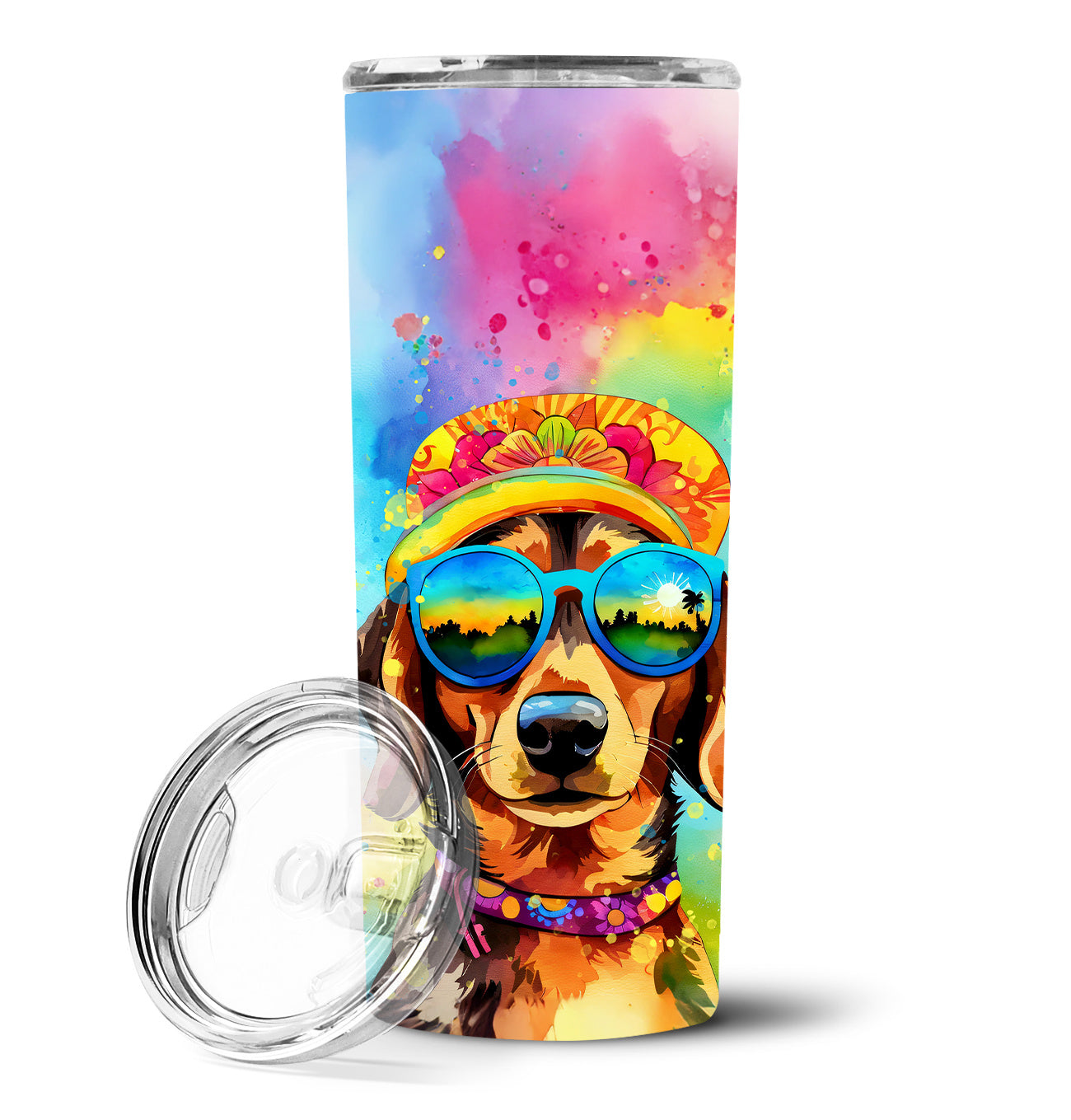 Dachshund Hippie Dawg Stainless Steel Skinny Tumbler Vacuum Double Walled Reusable Insulated Tumbler Travel Cup for Coffee Cocktails Gift with Lid, 20 oz