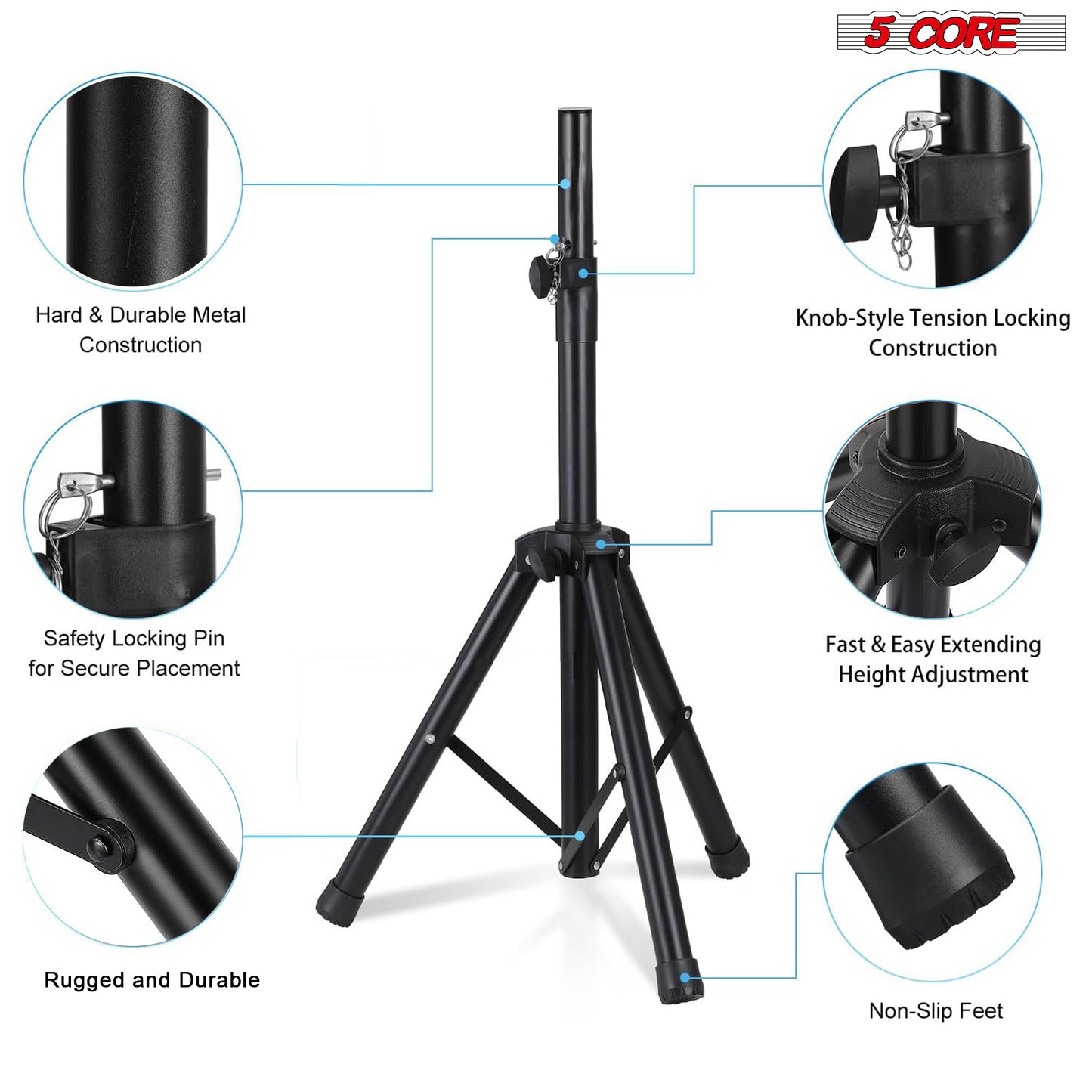 5 Core Speaker Stand Tripod Pair Tall Height Adjustable Heavy Duty DJ Light Floor Stands Universal 35mm Pole Mount PA Studio Monitor Large Subwoofer Support - - SS HD 2PK BLK BAG