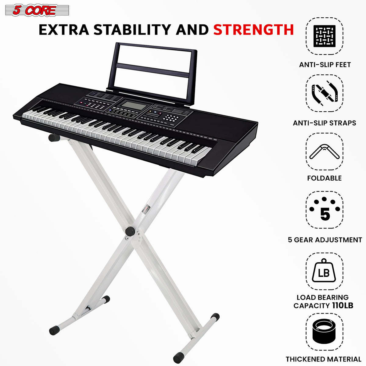 5 Core Keyboard Stand Digital Piano Riser Adjustable X Style Heavy Duty Electric Key Board Casio Synth Holder Foldable Portable Fits 54 61 88 Keys - KS 2X